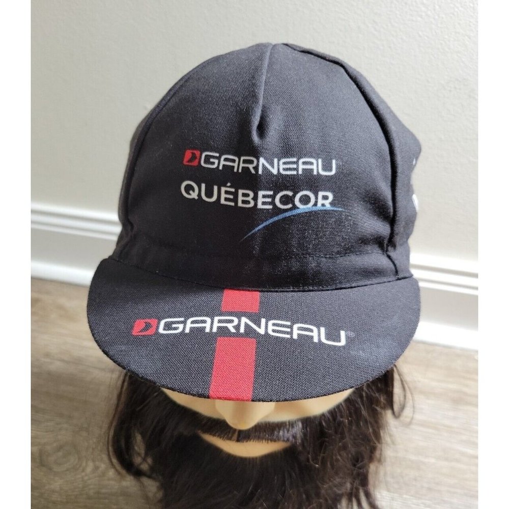 Garneau Black Cycling Race Hat Cap Quebecor Fitted Stretch Lightweight Cycle